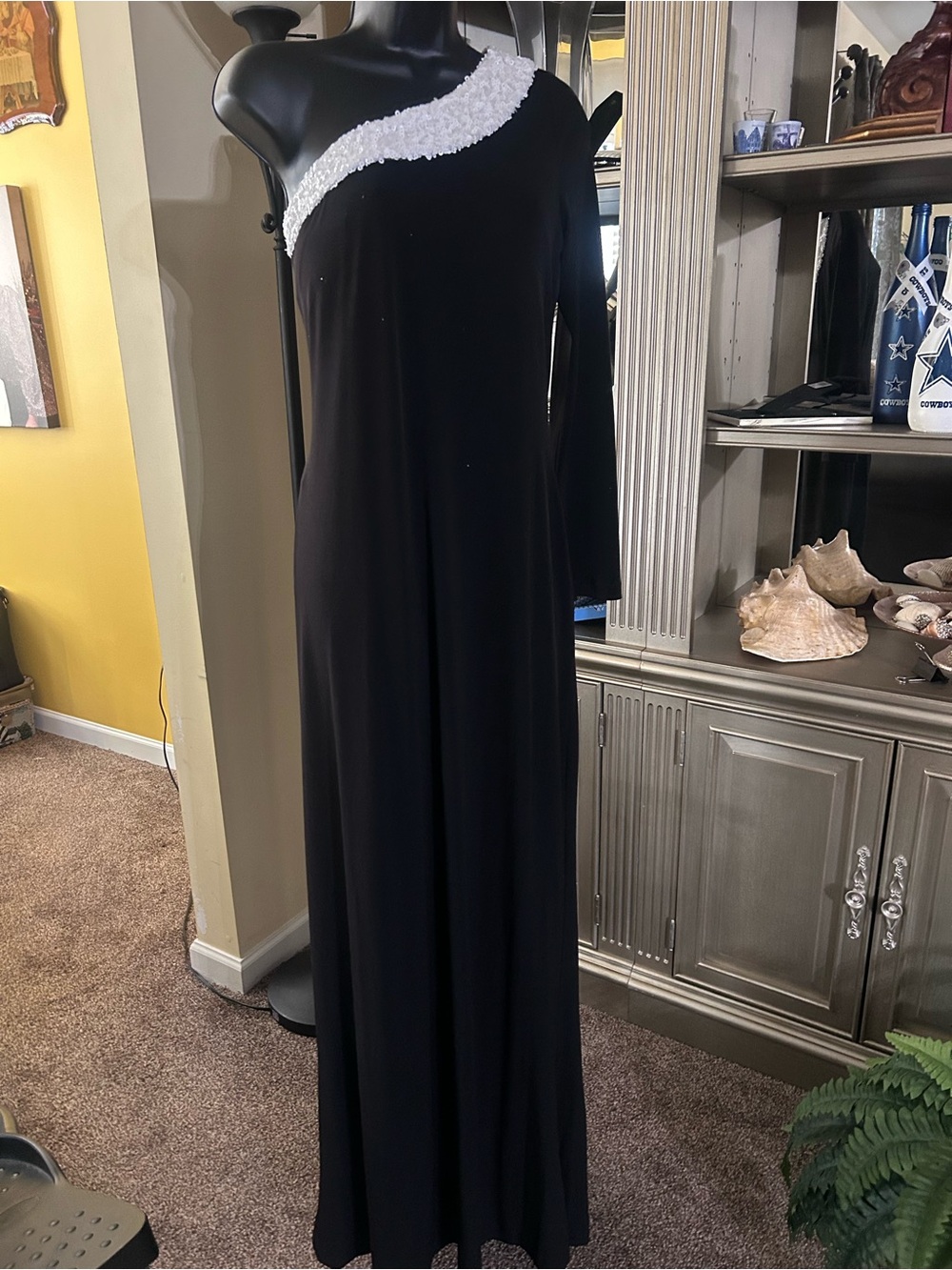 Calvin Klein Black One-Shoulder Evening Gown with White Beaded Trim